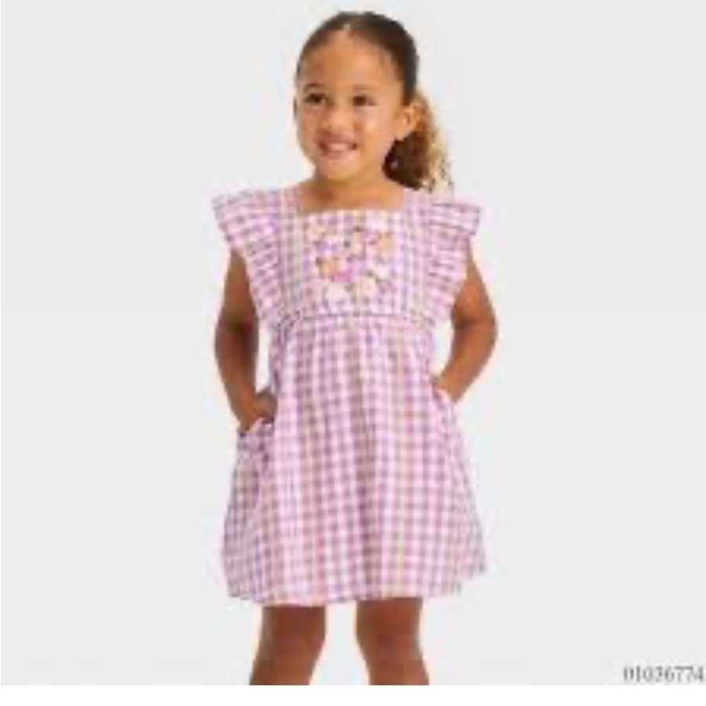 Cat & Jack Floral Embroidered Gingham Print Ruffle Sleeve Dress Purple White